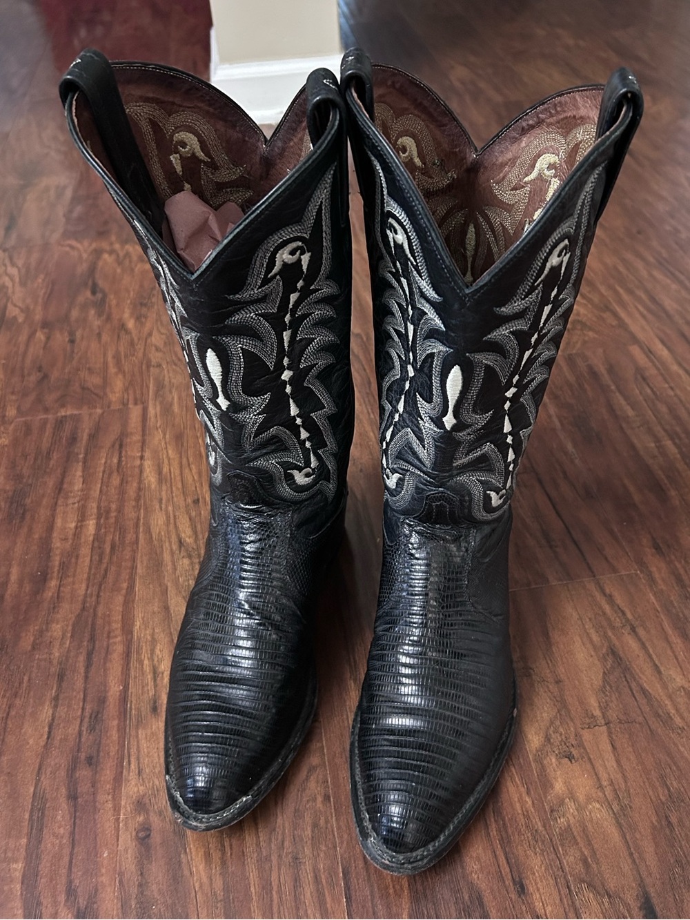 Tony Lama Black Cowboy Boots with White Embroidery